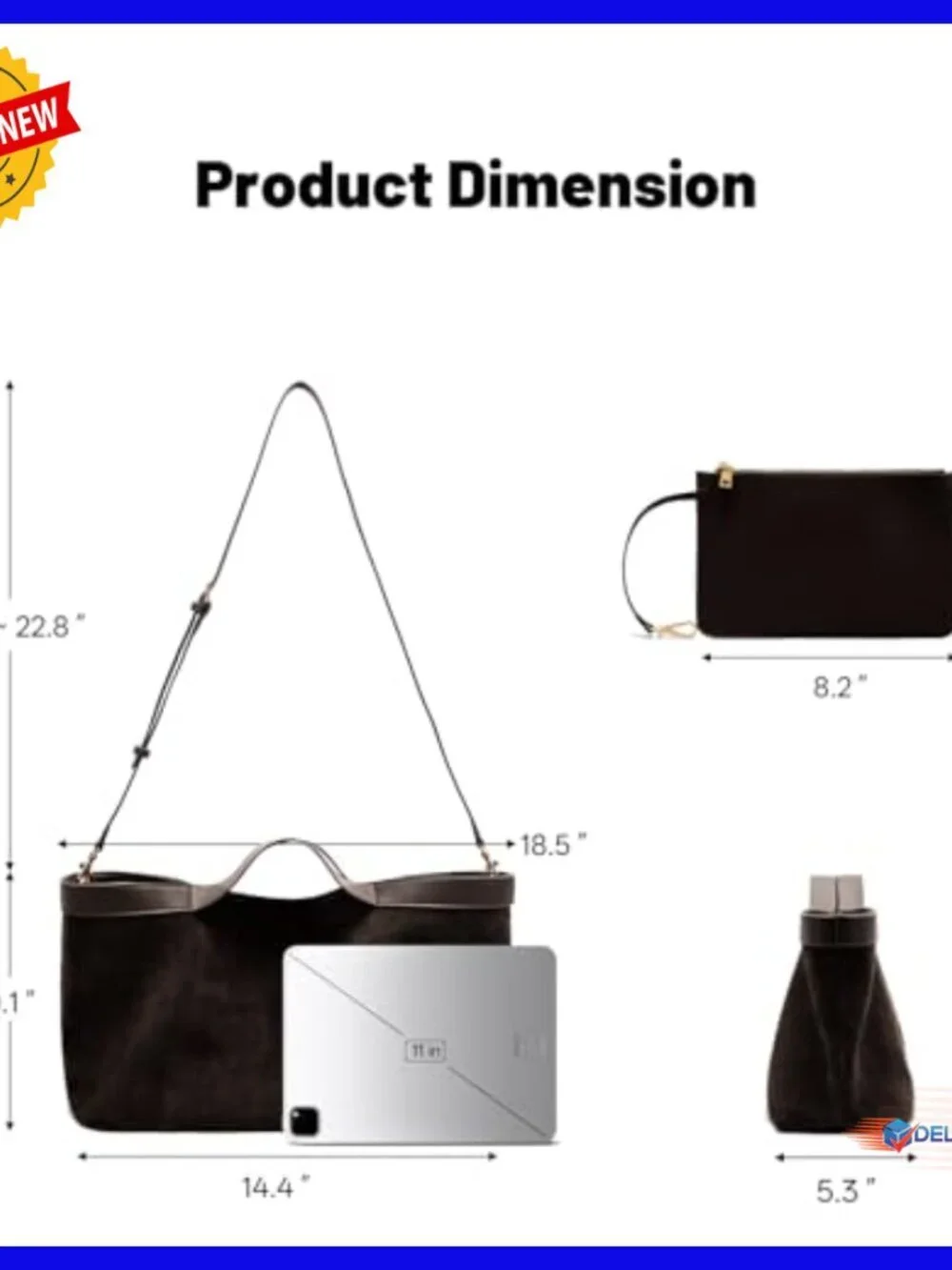 Genuine Suede Leather Tote Bag with Adjustable Strap and Internal Pouch